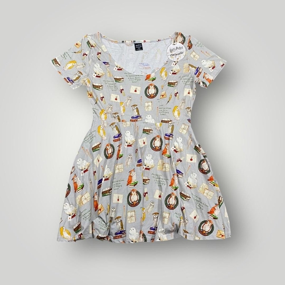 Harry Potter Cakeworthy Dress Womens XL Gray Skater Hedwig Owl Letters Print